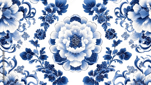 Blue Blossom Chinoiserie: An intricate Delft blue floral pattern reminiscent of classic Chinese porcelain, perfect for elegant backgrounds and designs.