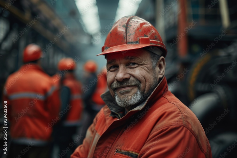 Portrait of a smiling factory worker in a group of coworkers Portrait of a smiling factory worker in a group of coworkers