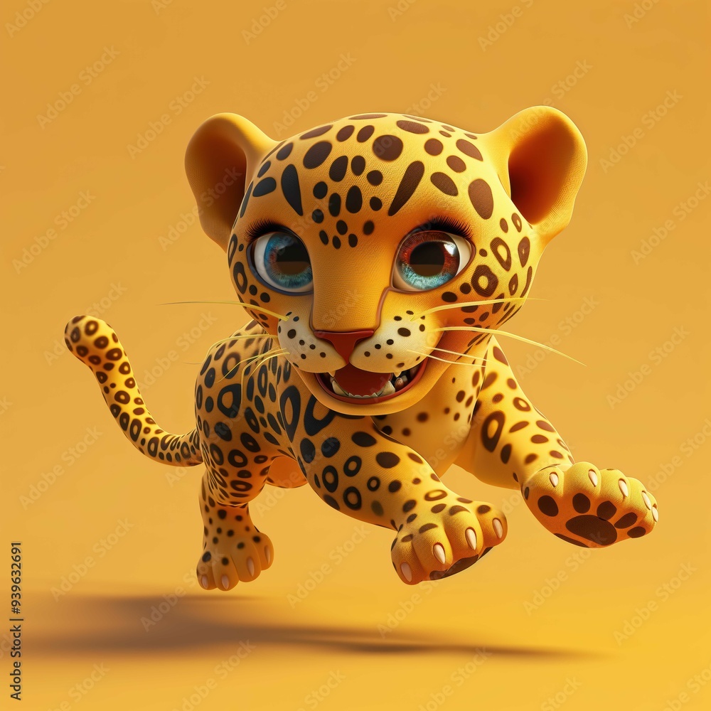 3d cute cartoon character leopard running, solid clean background 3d cute cartoon character leopard running, solid clean background