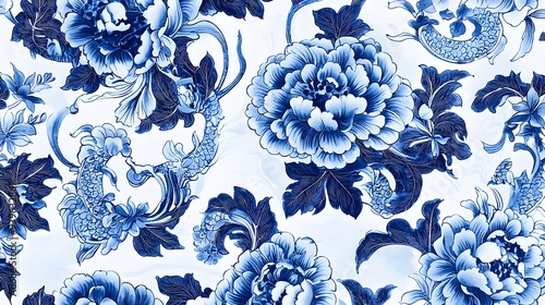 Blue and White Floral Pattern:  A seamless, delicate, and intricate pattern showcasing traditional Chinese blue and white porcelain designs. Lush peonies and graceful koi fish intertwine amidst swirli