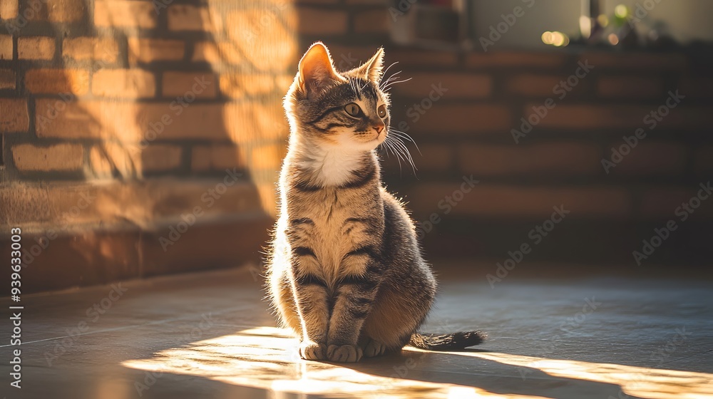 Cat in Golden Hour: A tabby cat sits in a ray of golden sunlight, its fur shimmering as it gazes into the distance with a calm and contemplative expression. The soft lighting and warm tones create a s Cat in Golden Hour: A tabby cat sits in a ray of golden sunlight, its fur shimmering as it gazes into the distance with a calm and contemplative expression. The soft lighting and warm tones create a s