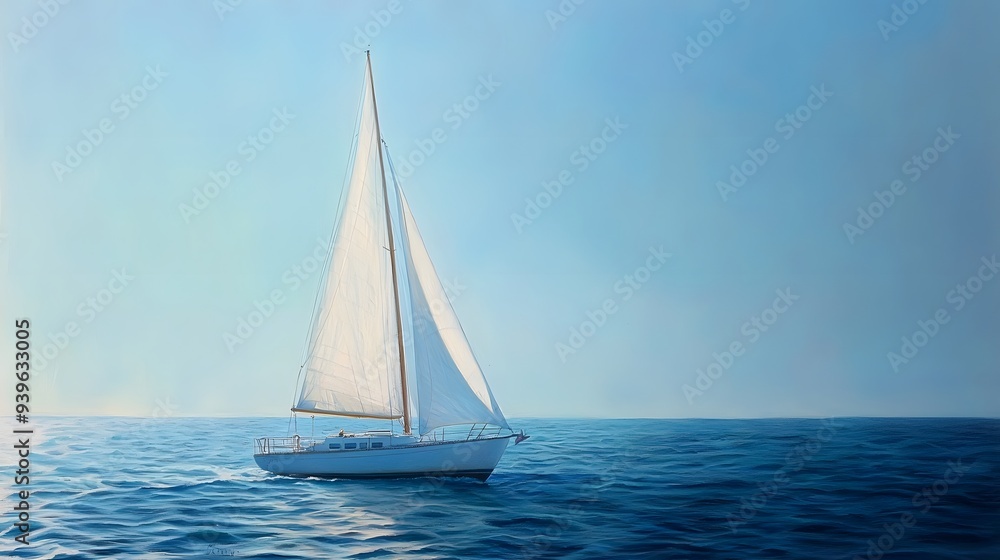 Obraz premium Sailing Towards the Horizon: A solitary sailboat glides gracefully through the vast expanse of the ocean, capturing the essence of freedom and adventure. The white sails billow in the gentle breeze, s
