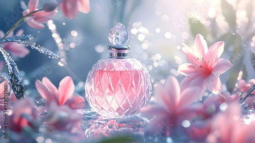 Floral Perfume Bottle In Dewy Garden: A delicate perfume bottle with a crystal-like stopper sits amidst a blooming garden, adorned with soft pink flowers and glistening dew drops. The dreamy, ethereal