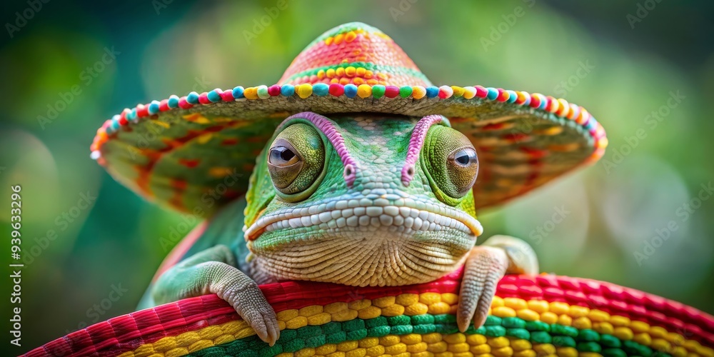 Obraz premium Chameleon in a Sombrero, Closeup of a green chameleon wearing a colorful sombrero, reptile , exotic , animal , mexico