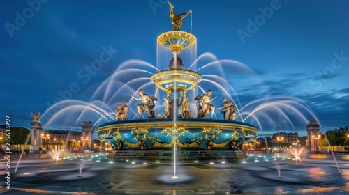 Illuminated Fountain in Paris at Dusk