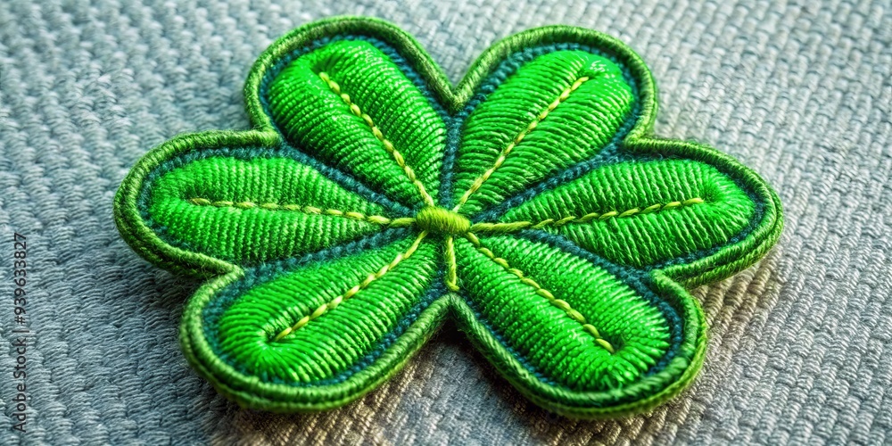 Close-up of Green Embroidered Clover Leaf, fabric , embroidery , stitch , Irish Close-up of Green Embroidered Clover Leaf, fabric , embroidery , stitch , Irish