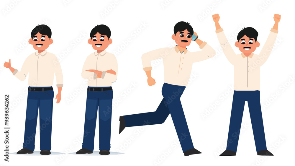 Obraz premium Vector illustrations of a man in casual office attire demonstrating various actions and expressions.
