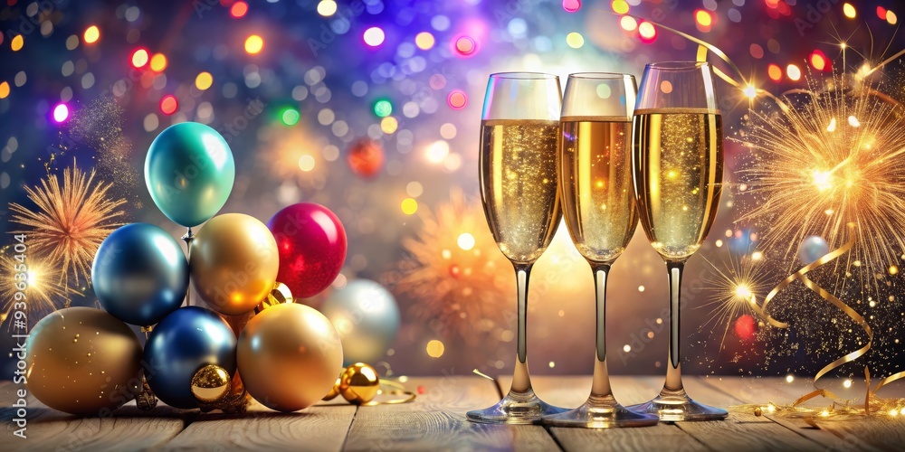 Festive Cheers with Balloons and Sparkles, Champagne, New Year, Celebration, Party Festive Cheers with Balloons and Sparkles, Champagne, New Year, Celebration, Party