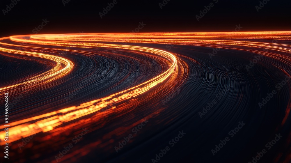 A series of dynamic light trails forming a winding, glowing path on a dark backdrop, resembling a road. A series of dynamic light trails forming a winding, glowing path on a dark backdrop, resembling a road.