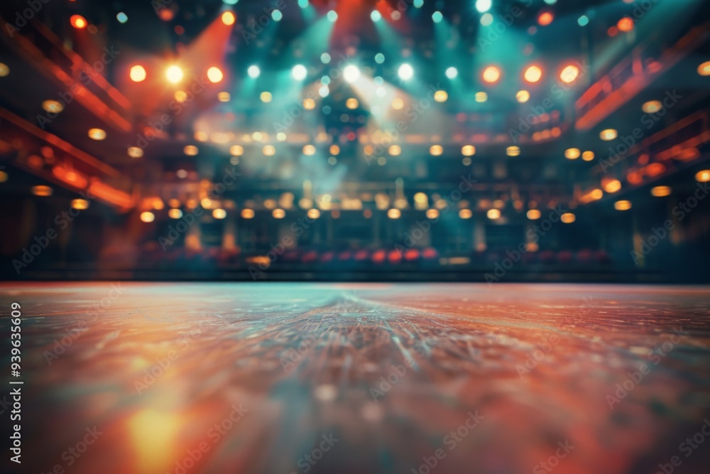 Soft focused perspective capturing the energy of a concert hall with blurred stage and vibrant lighting
