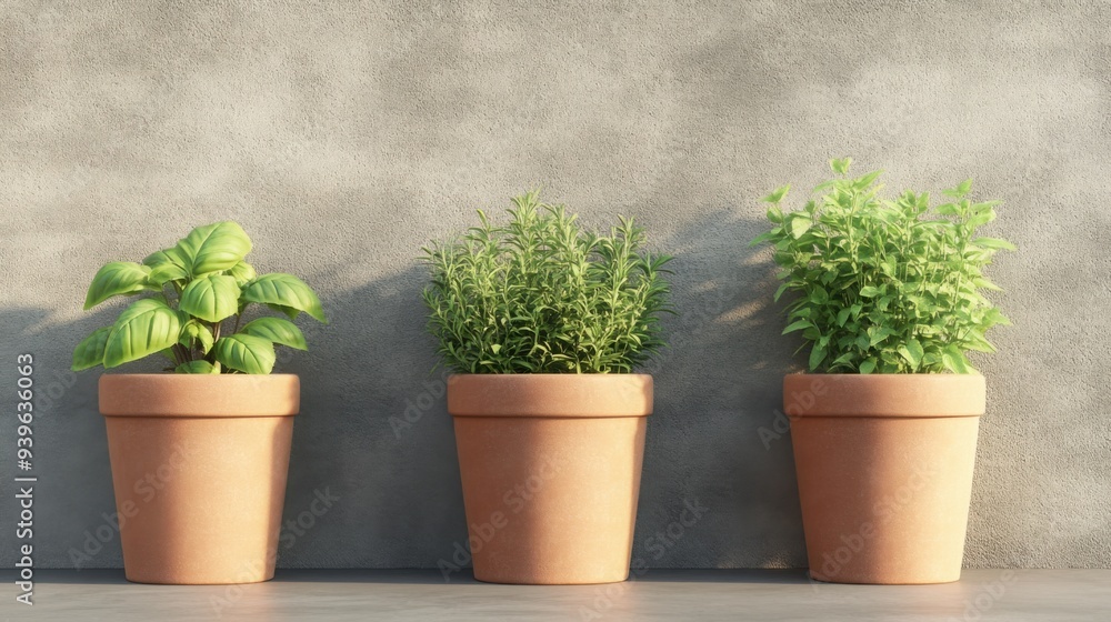 Organic herb garden, pots with fresh basil, mint, and rosemary, 3D illustration Organic herb garden, pots with fresh basil, mint, and rosemary, 3D illustration