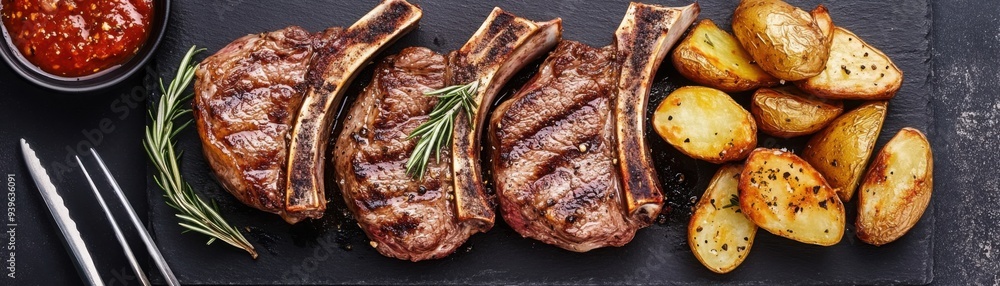 Juicy lamb chops with a rosemary garlic marinade, perfectly seared, served with roasted potatoes. Juicy lamb chops with a rosemary garlic marinade, perfectly seared, served with roasted potatoes.