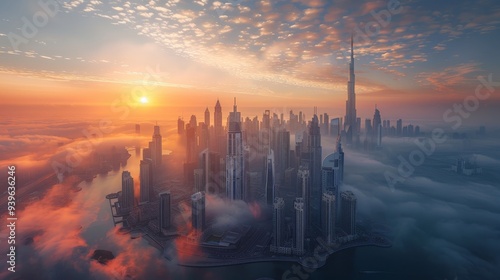 Ethereal cityscape of the Dubai skyline transitioning to white on the left, captured in a wide-angle aerial view with soft sunlight during golden hour, creating a dreamy atmosphere. photo