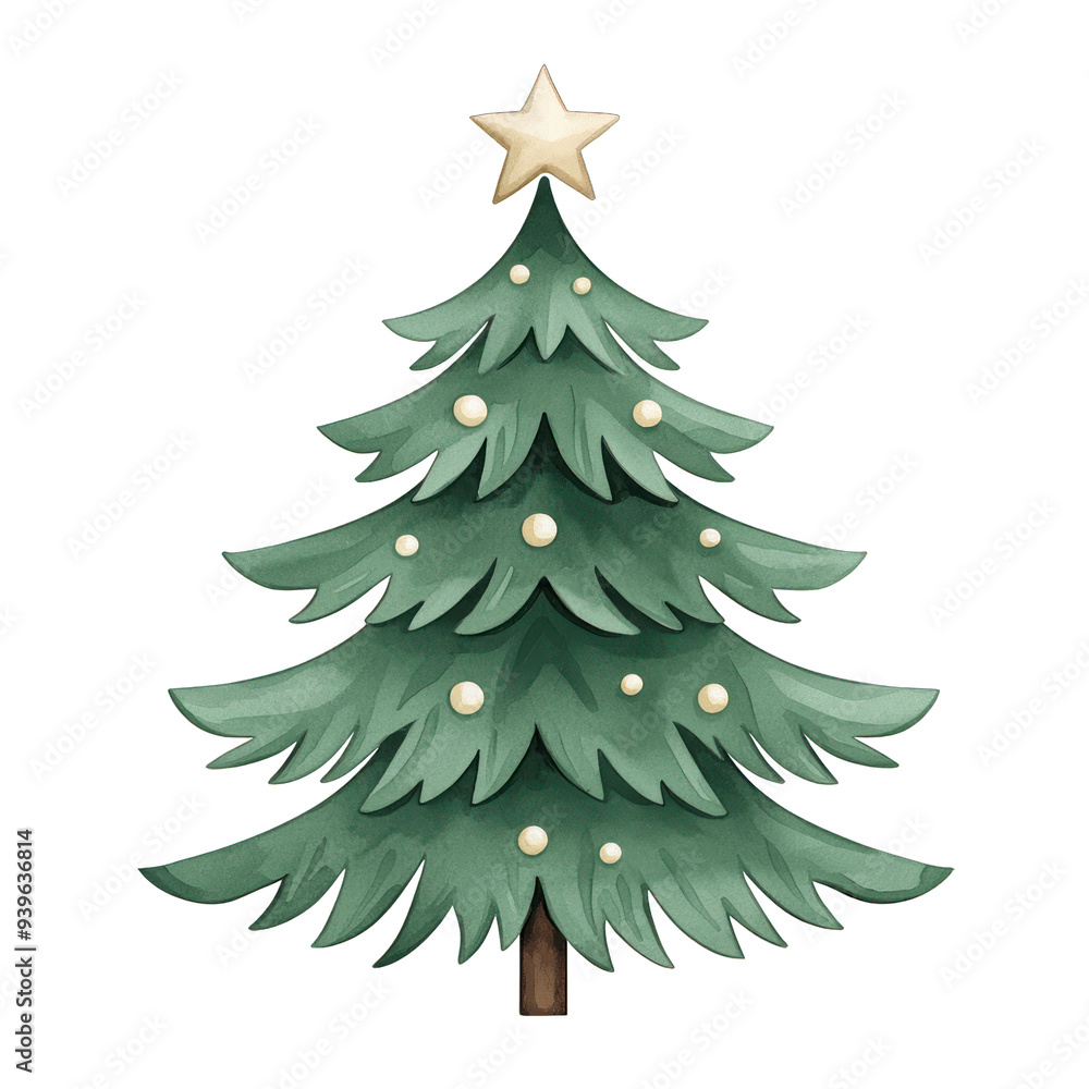 Christmas theme. A beautifully decorated Christmas tree with green branches, white ornaments, and a golden star on top, perfect for holiday celebrations. transparent background watercolor style Christmas theme. A beautifully decorated Christmas tree with green branches, white ornaments, and a golden star on top, perfect for holiday celebrations. transparent background watercolor style