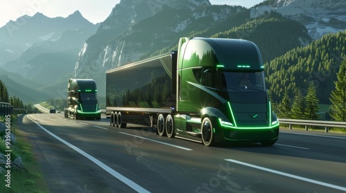 Futuristic European truck with trailer driving alongside a North American truck, both in #37451c green, on a highway through mountains in ultra-realistic front three-quarter view. photo