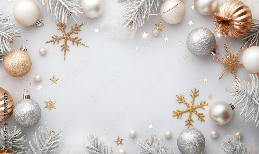 holiday flat lay background with silver,gold christmas decorations suitable for designing holiday greeting cards festive invitations seasonal advertisements and christmas-themed social media content holiday flat lay background with silver,gold christmas decorations suitable for designing holiday greeting cards festive invitations seasonal advertisements and christmas-themed social media content