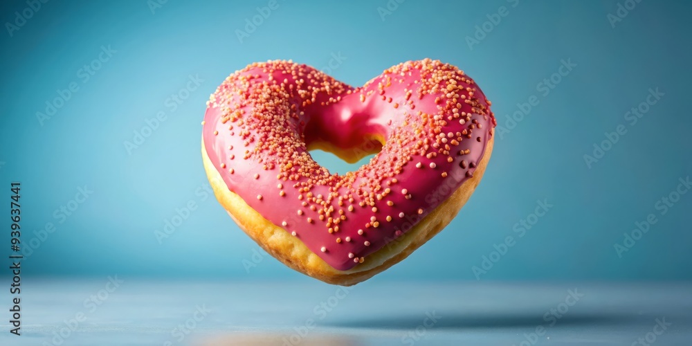 Heart-Shaped Pink Donut with Sprinkles on a Blue Background, Donut, Dessert, Sweet, Love , Food Heart-Shaped Pink Donut with Sprinkles on a Blue Background, Donut, Dessert, Sweet, Love , Food