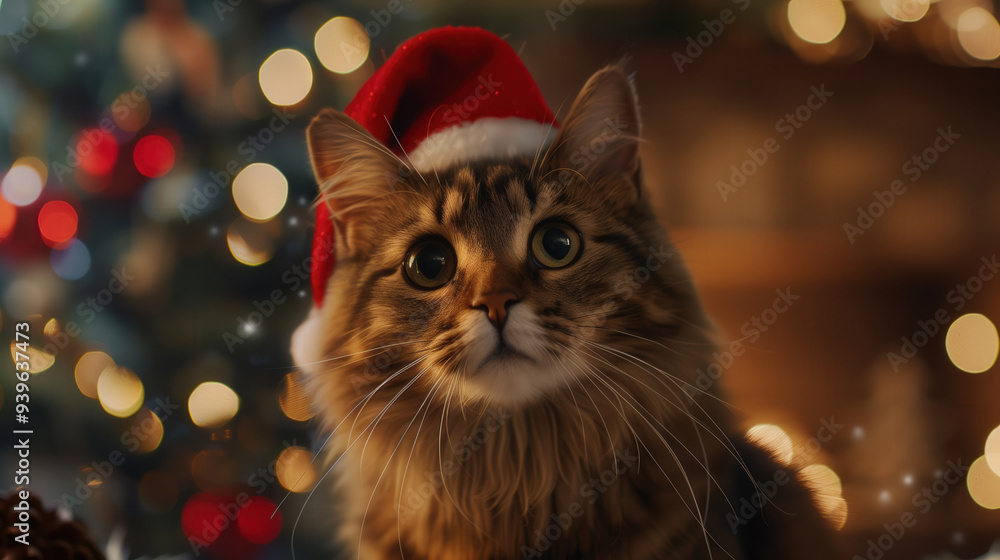 Tabby cat in Santa hat with Christmas lights, festive holiday scene, cozy seasonal ambiance Tabby cat in Santa hat with Christmas lights, festive holiday scene, cozy seasonal ambiance