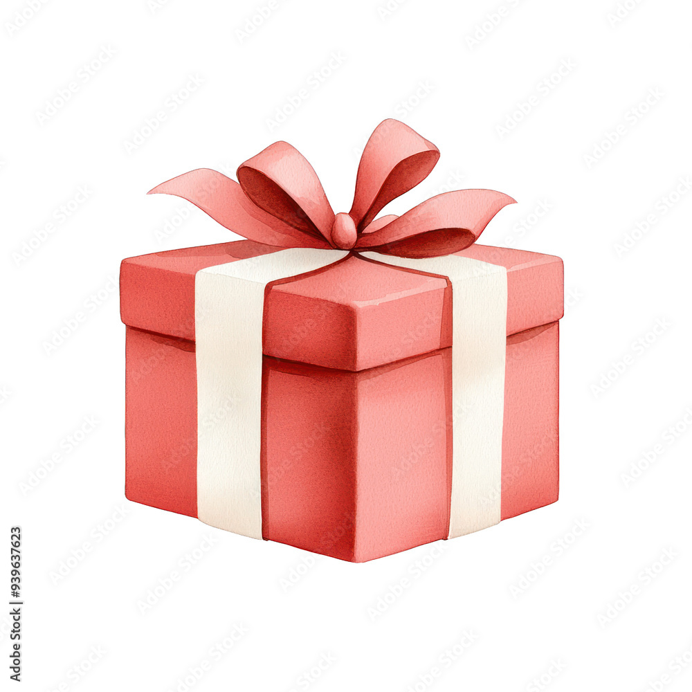 Obraz premium A beautifully wrapped red gift box adorned with a white ribbon and bow, perfect for any special occasion or celebration. transparent background watercolor style
