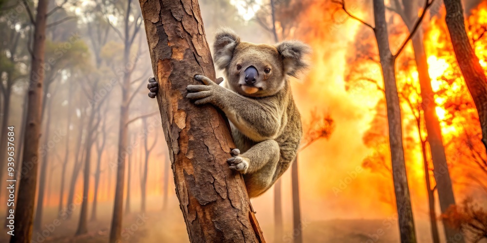 Koala's Fear in Firestorm - A close up of a koala clinging to a tree trunk with a backdrop of a wildfire raging in the forest. , koala , fire , wildlife , Australia Koala's Fear in Firestorm - A close up of a koala clinging to a tree trunk with a backdrop of a wildfire raging in the forest. , koala , fire , wildlife , Australia