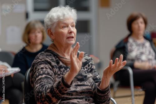 Elderly Caucasian woman actively participating in a discussion with expressive gestures, sharing her thoughts during a community group meeting.