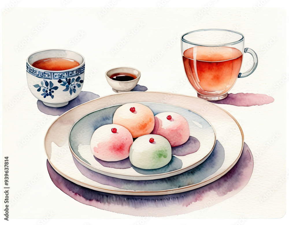 Watercolor Illustration of Tea, Mochi, and a Small Dish of Soy Sauce. Watercolor Illustration of Tea, Mochi, and a Small Dish of Soy Sauce.