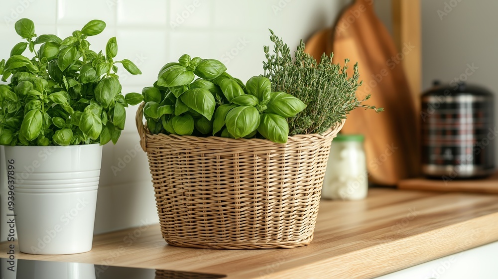 A basket filled with fresh basil, rosemary, and thyme on a rustic kitchen counter with a light, airy background A basket filled with fresh basil, rosemary, and thyme on a rustic kitchen counter with a light, airy background