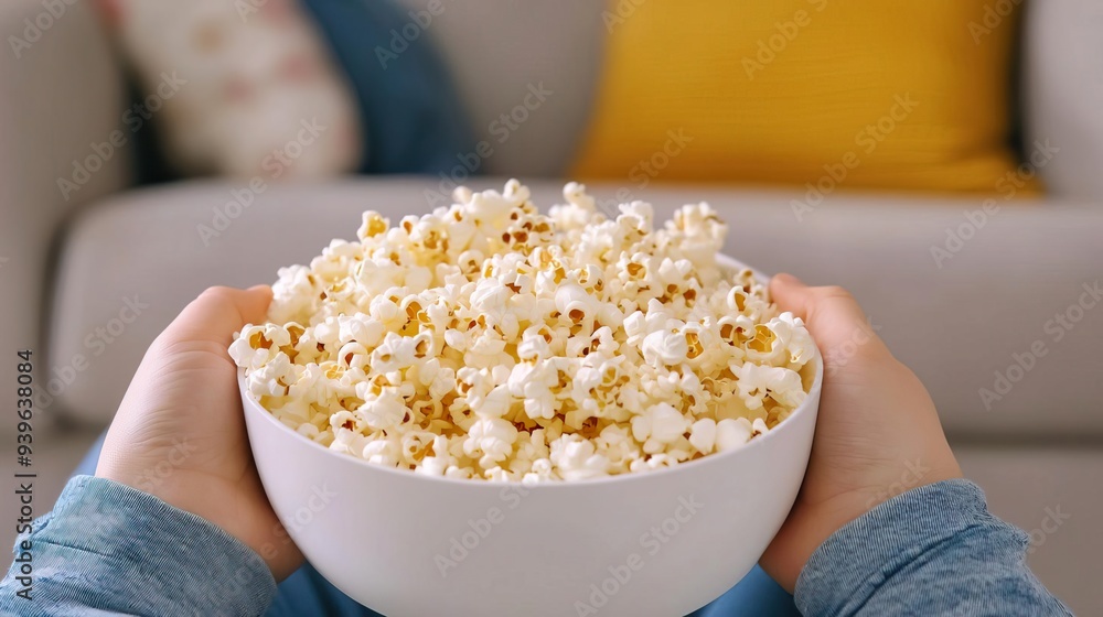 Close-up of hands holding a bowl of popcorn in front of a couch. Close-up of hands holding a bowl of popcorn in front of a couch.