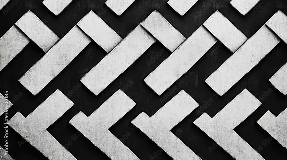 A modern black and white geometric pattern of interlocking chevrons, creating a sharp and clean visual. A modern black and white geometric pattern of interlocking chevrons, creating a sharp and clean visual.