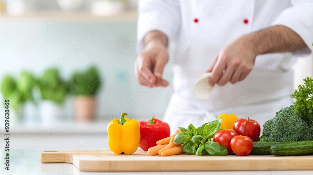 Chef preparing fresh vegetables in kitchen. Chef preparing fresh vegetables in kitchen.