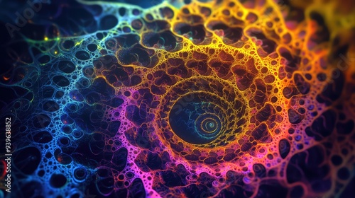 A mesmerizing spiral fractal web with intricate patterns, glowing in vibrant neon colors, set against a dark background.