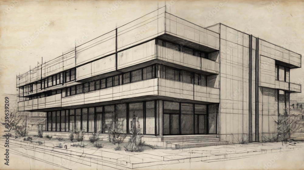 This rough pencil sketch illustrates a striking modern building with large windows and architectural details, set against a minimalist landscape This rough pencil sketch illustrates a striking modern building with large windows and architectural details, set against a minimalist landscape