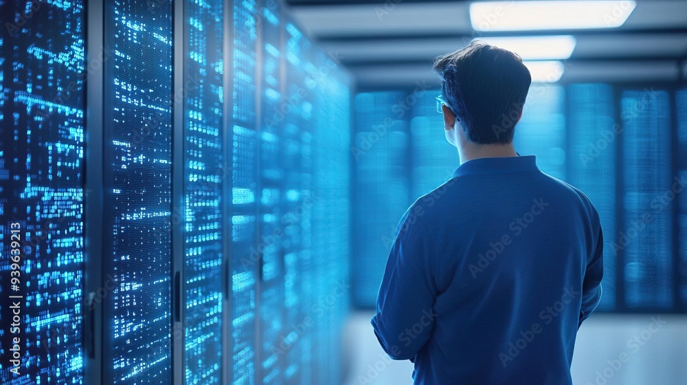 Technician inspecting server racks in a modern data center. Technician inspecting server racks in a modern data center.