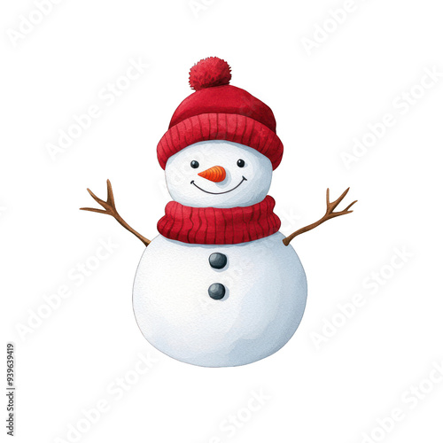 Christmas theme. A cheerful snowman wearing a red hat and scarf, perfect for winter themes and festive decorations. transparent background watercolor style