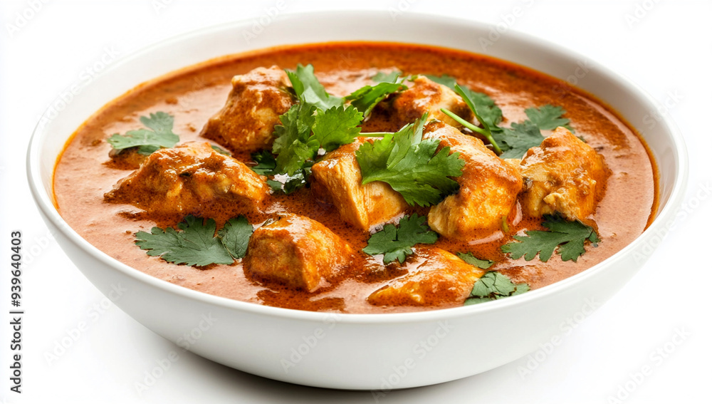 A bowl of chicken with a vibrant red and orange circular sauce, garnished with fresh coriander leaves on a white background A bowl of chicken with a vibrant red and orange circular sauce, garnished with fresh coriander leaves on a white background