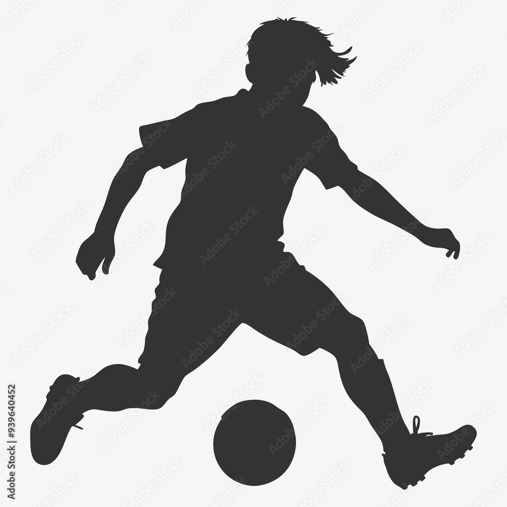 Obraz premium Dynamic Young Football Player Kicking a Ball Silhouette Vector
