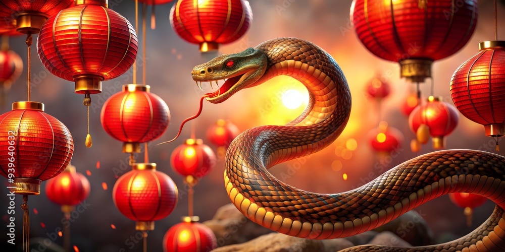 Obraz premium Serpent Amidst Crimson Lanterns A 3D Digital Painting, Chinese New Year, Snake, Lantern, Celebration , Chinese New Year , Snake Symbol