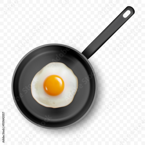 Vector 3d Realistic Fried Egg in the Frying Pan, Closeup Isolated in Top View. Design Template of Scrambled Eggs, Fried Egg, Omelette. Delicious Breakfast, Food, Culinary Concept