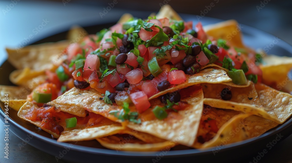 A plate of nachos featuring diced tomatoes, onions, and cilantro on plate A plate of nachos featuring diced tomatoes, onions, and cilantro on plate