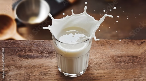 A glass of milk with a splash. Top view photo