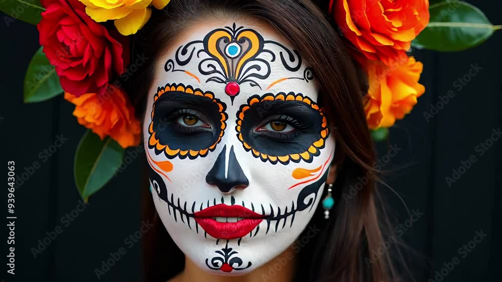 Day of the Dead Celebration with Traditional Face Paint and Flower Crown for Holiday Poster Design Day of the Dead Celebration with Traditional Face Paint and Flower Crown for Holiday Poster Design
