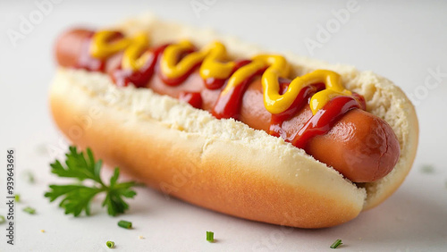 Studio photo of a hot dog with ketchup and mustard, widescreen 16:9, 300 dpi, with free space for text photo