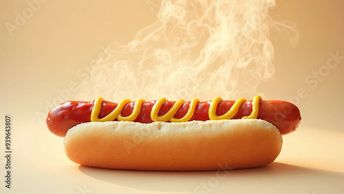 Studio photo of a hot dog with ketchup and mustard, widescreen 16:9, 300 dpi, with free space for text photo