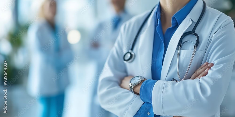 A team of doctors in a hospital conference room discussing medical results, with one doctor in focus wearing a stethoscope A team of doctors in a hospital conference room discussing medical results, with one doctor in focus wearing a stethoscope