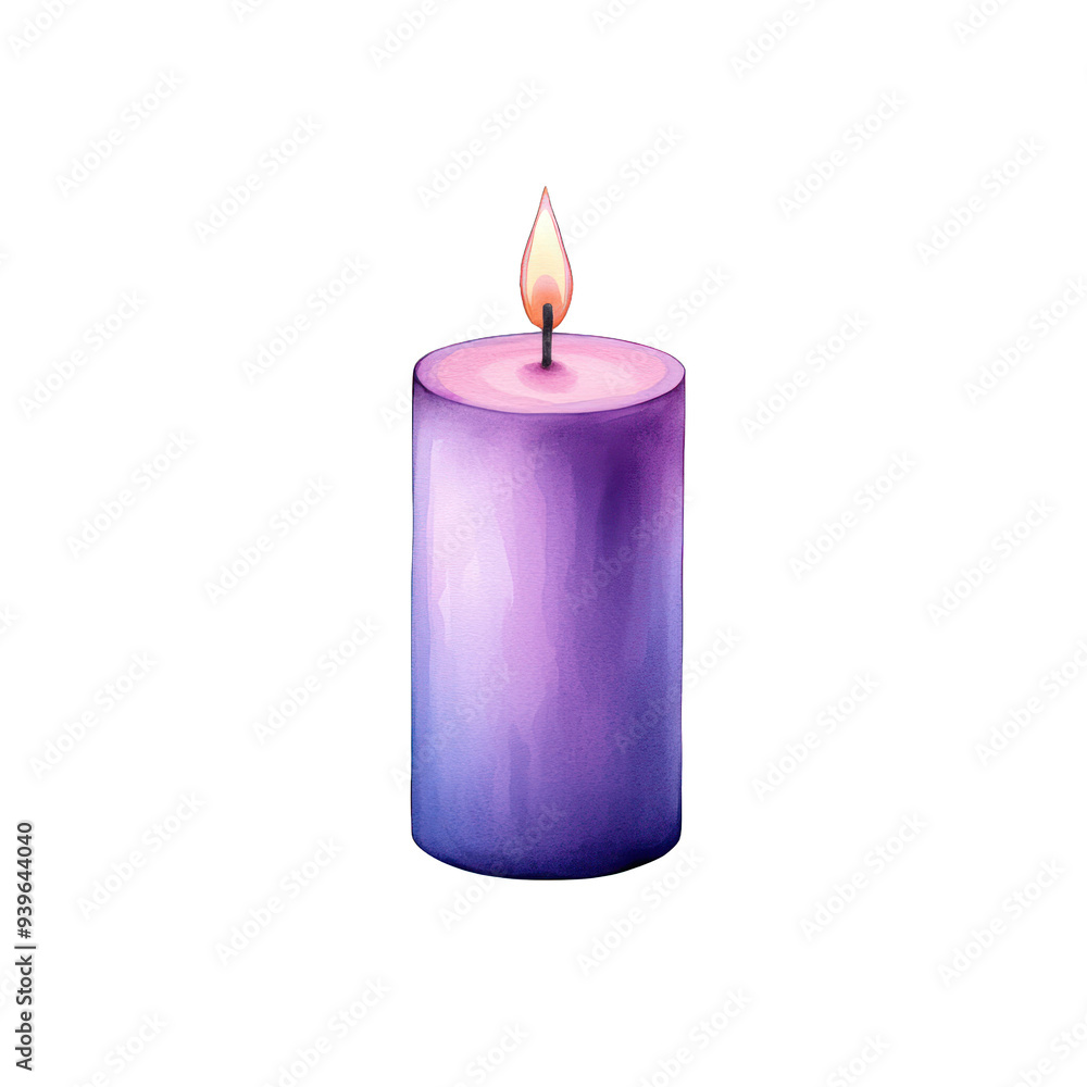 A serene purple candle with a gentle flame, perfect for creating a calming atmosphere in any setting. transparent background watercolor style A serene purple candle with a gentle flame, perfect for creating a calming atmosphere in any setting. transparent background watercolor style