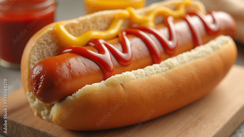 Studio photo of a hot dog with ketchup and mustard, widescreen 16:9, 300 dpi, with free space for text Studio photo of a hot dog with ketchup and mustard, widescreen 16:9, 300 dpi, with free space for text