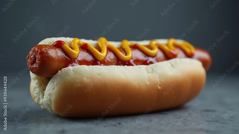 Studio photo of a hot dog with ketchup and mustard, widescreen 16:9, 300 dpi, with free space for text Studio photo of a hot dog with ketchup and mustard, widescreen 16:9, 300 dpi, with free space for text