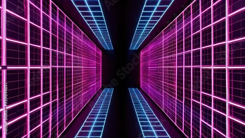 Synthwave wireframe net illustration. Abstract digital background. 80s, 90s Retro futurism, Retro wave cyber grid. Lefft and right surfaces. Neon lights glowing. Starry background. 3D Rendering photo