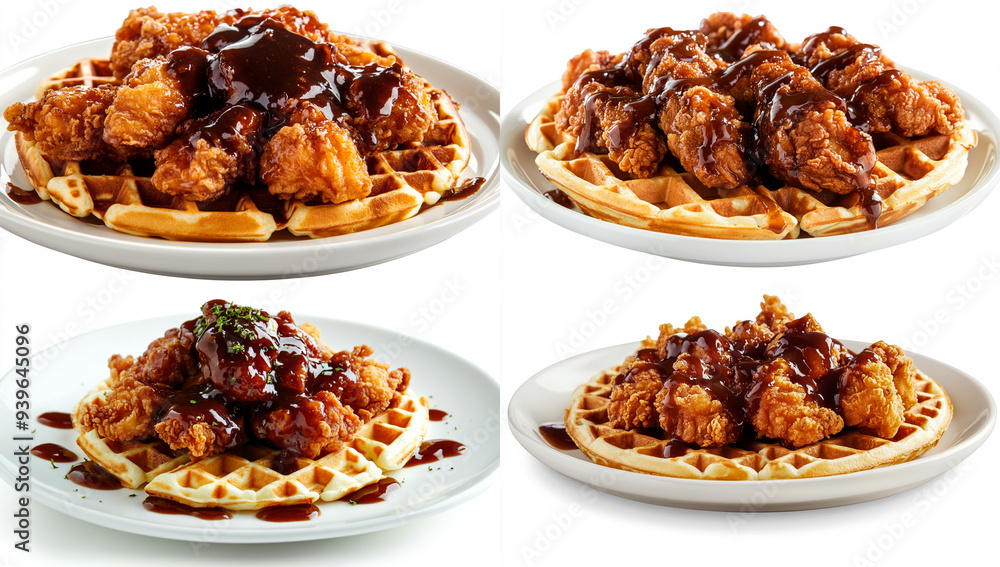 plate of waffles with deep fried chicken drizzled plate of waffles with deep fried chicken drizzled