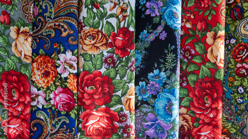 several colorful traditional Polish pattern fabric scarfs with floral pattern in seamless background photo